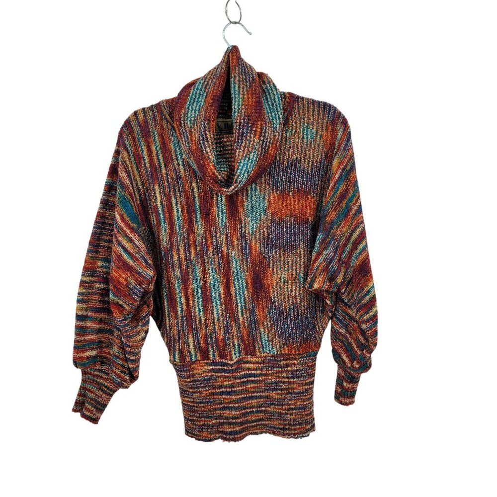 Vtg 80s Multicolor‎ Streaked Cowlneck Sweater Sz M Dolman Sleeve Funky Casual - Picture 12 of 12
